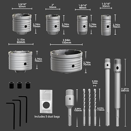 CATITO 17 Pcs Set of Concrete Hole Saw (30mm 40mm 50mm 65mm 80mm 100mm), Concrete Hole Saw Kit for Concrete, Connecting Rods for SDS Plus and SDS MAX, 5pcs Dust Bag, Cement|Brick Stone|Wall.