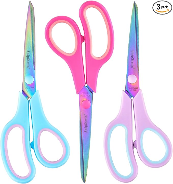 8.5" Multipurpose Office Scissors Heavy Duty, Titanium Coating Sharp Blades, Ergonomic Semi-Soft Rubber Grip, Scissors All Purpose for Sewing, School, Fabric, Art Craft Supplies, 3-Pack