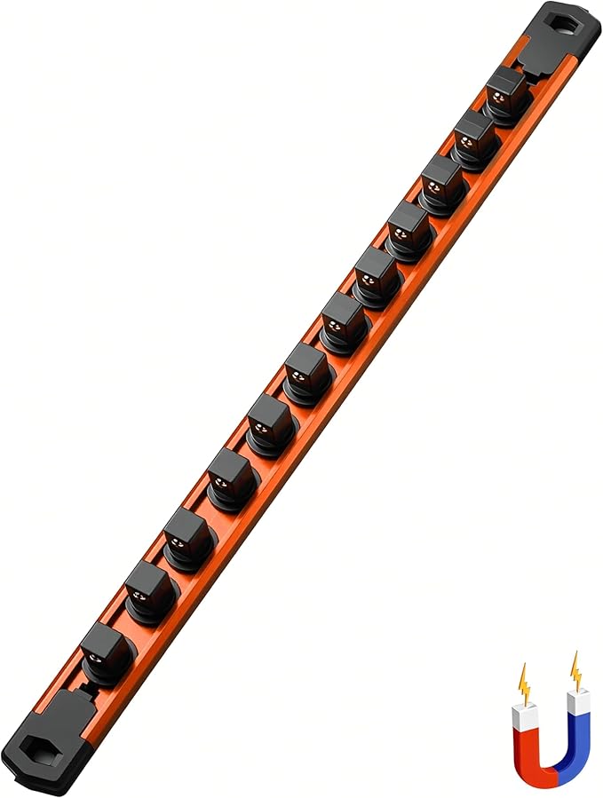 ALOANES 1/2-Inch Drive Magnetic Socket Organizer, Heavy Duty Aluminum Socket Rail Organizer, 360째 Swivel Clips Socket Rail Set For Sockets Storage, 1/2-Inch Socket Holder x 12 Clips (Orange)