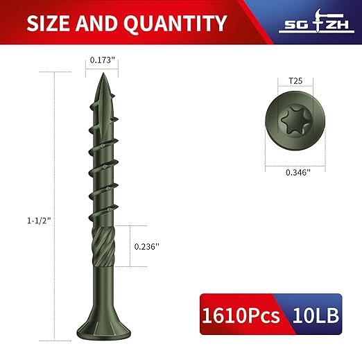 #8 x 1-1/2" Deck Screws (1610Pcs) 10lb. Carbon Steel, Green, Flat Head, Rust Resistant epoxy Coated, with T25 Star Bit