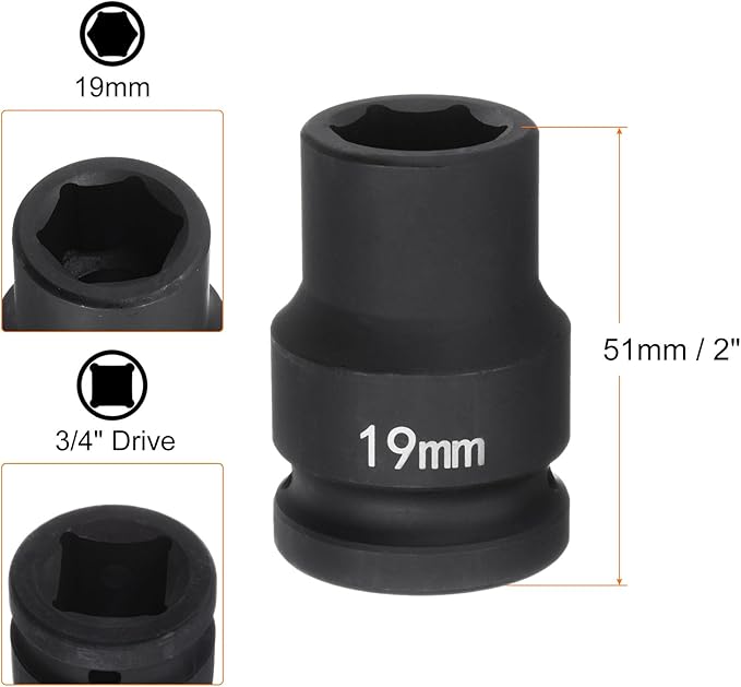 HARFINGTON 6-Point Impact Socket 3/4" Drive 19mm Metric 40Cr Alloy Steel Spindle Axle Nut Impact Socket