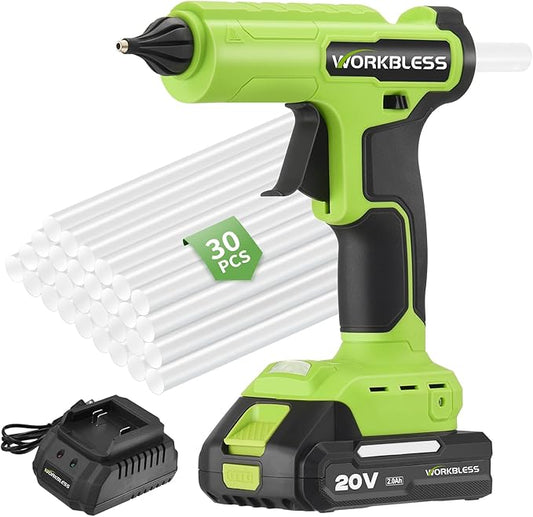 Cordless Hot Glue Gun, Battery Power Full Size Hot Glue Gun with 20V 2Ah Battery, Leak-Proof Nozzle Heavy and Duty Glue Gun for Industrial & Crafts, 30pcs 11mm Full Size Glue Stick