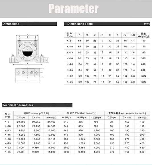 K 1/4'' K20 Thread Pneumatic Vibrator Power Concrete Vibrator Ball Type Aluminum Alloy Air Turbine Oscillator with Silencer