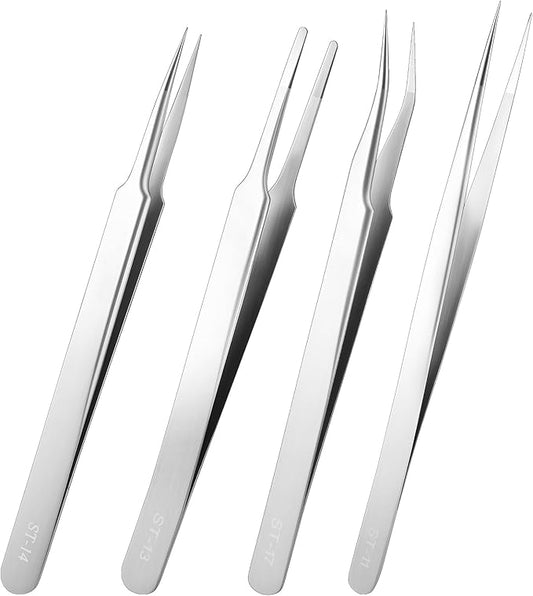 4PCS Precision Tweezers Set, Professional Pointed Long Bent Stainless Steel Tweezers for Craft, Soldering, Model, Jewelry Tools