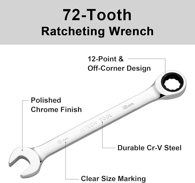 Jetech 18mm Ratcheting Combination Wrench, Industrial Grade Gear Spanner with 12-Point 72-Tooth Ratchet, Forged and Heat-Treated Cr-V Steel, Metric