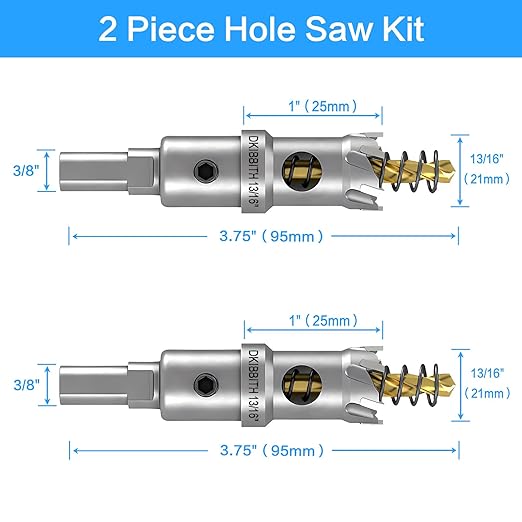 DKIBBITH TCT Hole Saw Set, 2-Pack 13/16" (21mm) Heavy Duty Tungsten Carbide Tipped Hole Cutters for Stainless Steel, Copper, Iron, Brass, Plastic with Titanium-Plated Pilot Drill Bits