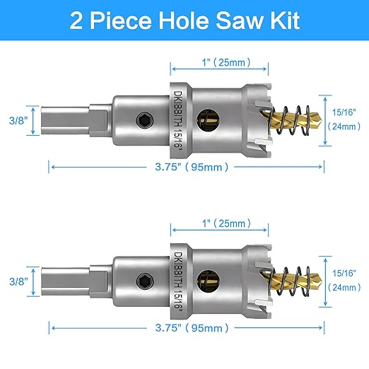 DKIBBITH TCT Hole Saw Set, 2-Pack 15/16" (24mm) Heavy Duty Tungsten Carbide Tipped Hole Cutters for Stainless Steel, Copper, Iron, Brass, Plastic with Titanium-Plated Pilot Drill Bits
