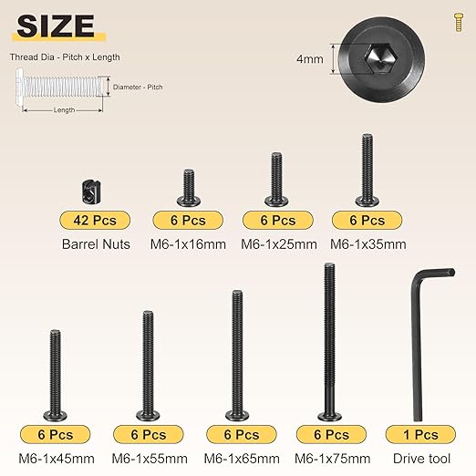 METALLIXITY Furniture Crib Screws Replacement Set with Wrench(M6-1x16/25/35/45/55/65/75mm) 84Pcs, Connector Bolt M6 Screw Barrel Nuts Binding Screws, for Chair Cabinet Bed, Black
