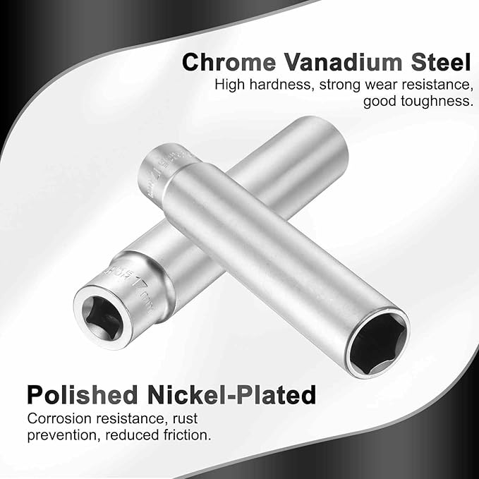 HARFINGTON 2pcs 6 Points Deep Socket 3/8" Drive 17mm Deep Metric CR-V Steel Polished Nickel Plating Flip Sleeve 120mm / 4.7" Extra Long Socket Tool for Home Auto Nuts Bolts Repair