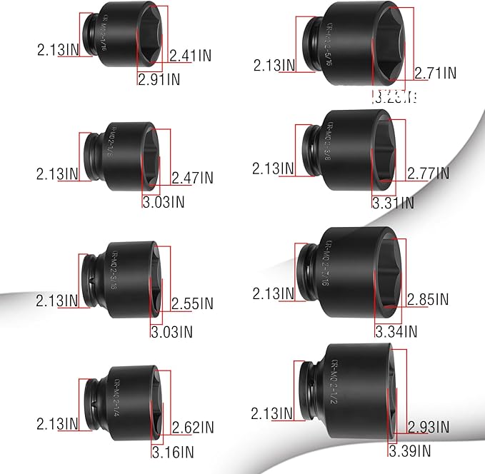 8PCS 3/4" Drive Spindle Axle Nut Impact Large Socket Set, 2-1/16" to 2-1/2", CR-MO Steel, 6-Point