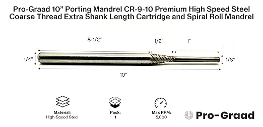 Porting Mandrel 10", CR-9-10 Premium High Speed Steel Coarse Thread Extra Shank Length Cartridge & Spiral Roll Mandrel, 1/8" Pilot Diameter x 3/4" Pilot Length x 1/4" Shank x 10" Length