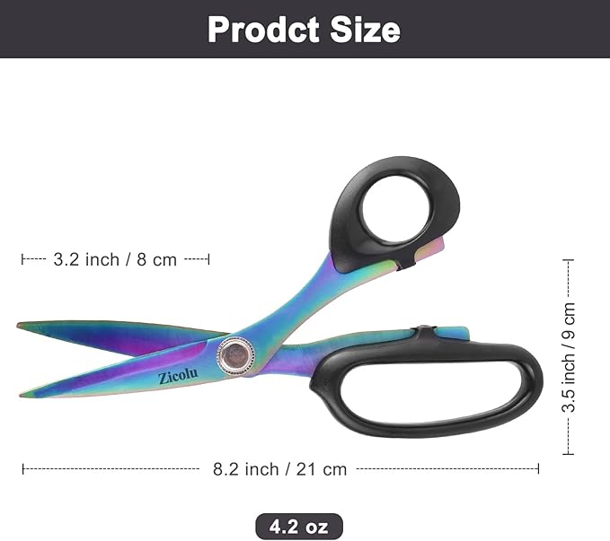8" Fabric Scissors, All Purpose Heavy Duty and Sharp, Professional Sewing Scissors for Cutting Clothes, Leather, Paper. Titanium Coating Tailor Shears for Dressmaker, Home, Office.