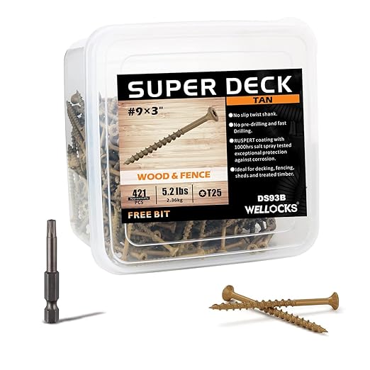 WELLOCKS Deck Screws, Wood Screws, Tan, Superior Rust Resistant, Epoxy Coated, Above 1000 Hour Salt Spray Coating T25 Torx Star Bit Included for Outdoor Wood Fence (5.2LBS Tan, #9횞3")