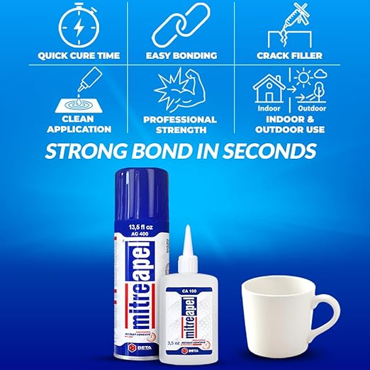 MITREAPEL CA Glue with Activator Kit 2x1.7oz-2x6.76 floz Instant Bond Professional Cyanoacrylate Adhesive and Super Glue Accelerator for Woodworking with Extra Caps&Microtips,DIY&Craft, Plastic,Repair