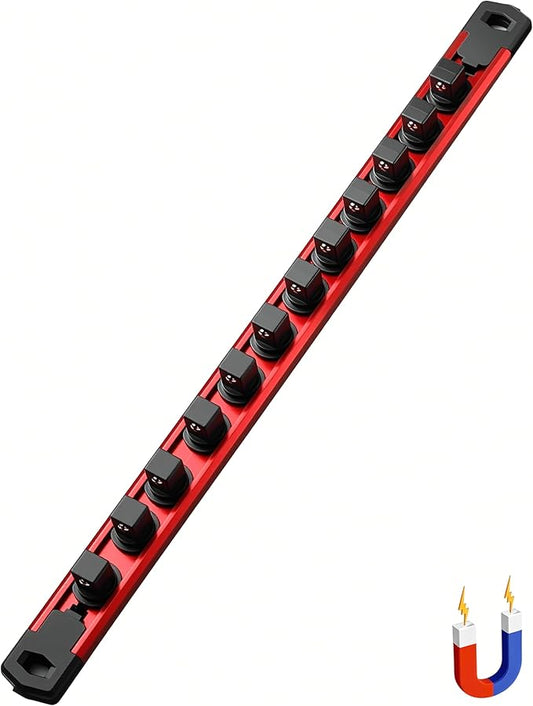 ALOANES 1/2-Inch Drive Magnetic Socket Organizer, Heavy Duty Aluminum Socket Rail Organizer, 360째 Swivel Clips Socket Rail Set For Sockets Storage, 1/2 Inch Socket Holder x 12 Clips (Red)