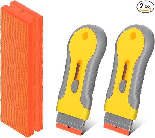 WEGAZ-2PCS Retractable Plastic Razor Blade Scraper with 100PCS Plastic Blades for Gasket Remover, Labels Decal and Adhesive Remover for Windows and Glass