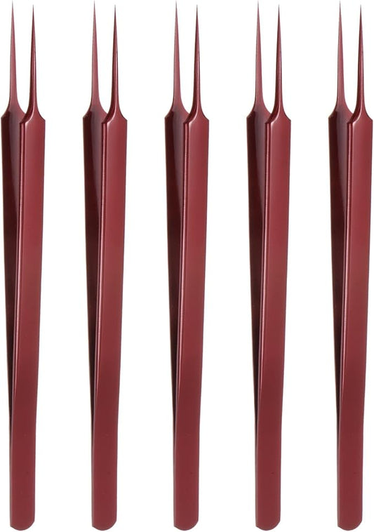 HARFINGTON 5pcs Stainless Steel Precision Tweezers 6.3 Inch Long Handle Pointed Tip Tweezers Multi Purpose for Craft Industrial Work Laboratory Use, Red