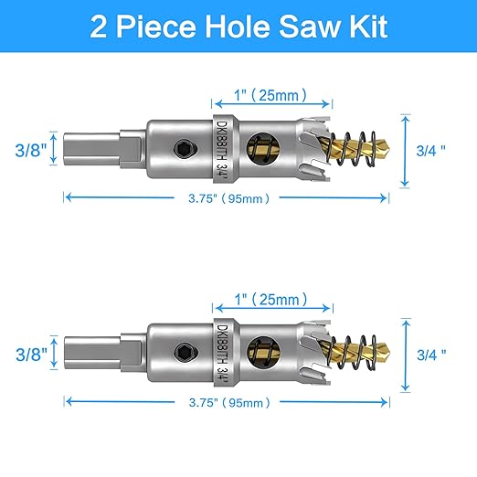 TCT Hole Saw Set, 2-Pack of 3/4" (19mm) Heavy Duty Tungsten Carbide Tipped Hole Cutters for Stainless Steel Mild Steel Copper Iron Brass Plastic and More, with Titanium-Plated Pilot Drill Bits