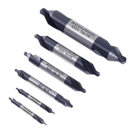 Accusize Industrial Tools (#1-#5), SAE 3/64"-3/16", 6 Pc ANSI M35 (H.S.S. +5% Cobalt) TiAlN Coated Center Drill Bit Set, Inch Sizes, 3500-6001