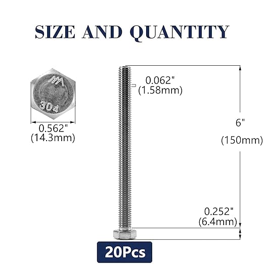 3/8-16 x 6 Hex Head Screw Bolt, 20Pcs 18-8 (304) Stainless Steel, Fully Threaded, Plain Finish, by SG TZH