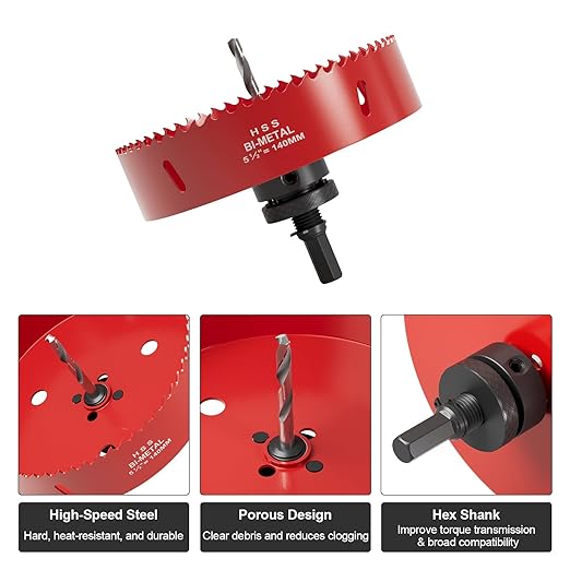 5-1/2" (140mm) Bi-Metal M42 High Speed Steel Hole Saw with Pilot Drill Bit, Smooth Cutting Edge for PVC, Drywall, Wood, Plastic, Gypsum Board, Rubber, Thin Metal