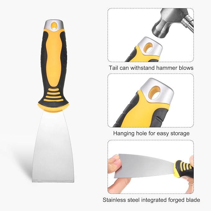 uxcell Putty Knife 2" High Carbon Steel Paint Scraper Flexible Drywall Repair Mud Knife for Removing Cement Wallpaper Mud Adhesive Taping with Metal Hammer End