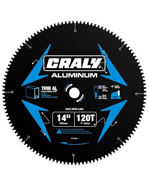 CRALY 14 Inch 120 Teeth Aluminum and Non-Ferrous Metal Cutting Circular Saw Blade, 1 Inch Arbor, Carbide Tipped, Thin Kerf, Black Ice Coating, for Medium Aluminum, Plastic, Composite(C14120AL)