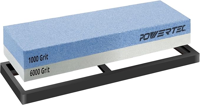 POWERTEC Whetstone Knife Sharpening Stone ??Dual Grit 1000/6000 Water Stone with Non-Slip Rubber Base for Sharpening Kitchen Knives, Razors, Chisels, Scissors, Axe, Hatchet (71916)