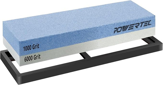 POWERTEC Whetstone Knife Sharpening Stone ??Dual Grit 1000/6000 Water Stone with Non-Slip Rubber Base for Sharpening Kitchen Knives, Razors, Chisels, Scissors, Axe, Hatchet (71916)