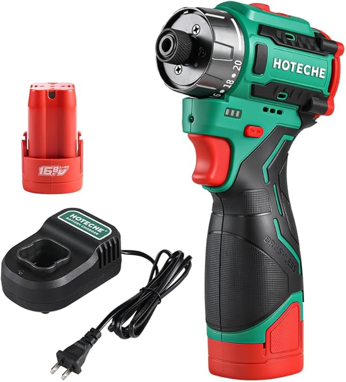 Hoteche Cordless Brushless Screwdriver - 2.0Ah Battery, 75Nm Torque, 1/4" Chuck, with Charger & LED Light