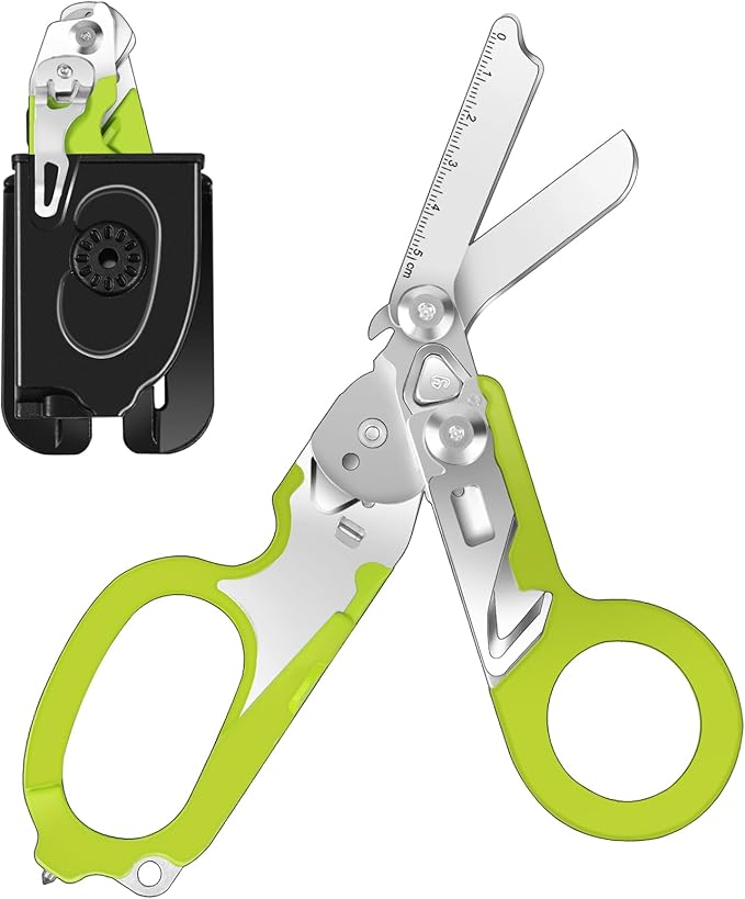 6 In 1 Multi-function Trauma Shears Foldable with Compatible Holster and Penlights,Emergency Trauma Shears with Strap Cutter and Glass Breaker for Outdoor Medical Scissors Tools Green