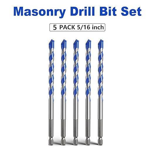 5 Pack 5/16 inch Concrete Drill Bit Set, Masonry Drill Bit Set with Hex Shank,Carbide Tip Drill Bits for Concrete, Tile,Brick, Plastic, Cement (5/16"竊? Pcs竊?