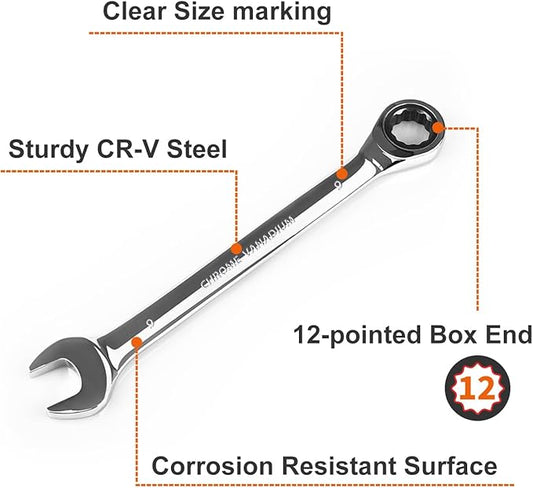 Egofine 9mm Ratcheting Combination Wrench Metric, Industrial Grade Gear Spanner with 12-Point Design, 72-Tooth Ratchet, Chrome Vanadium Steel