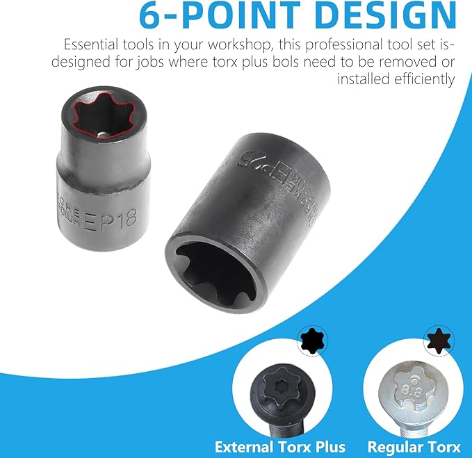 External Torx Plus Socket Set 6 Point EP Socket EP4, EP5, EP6, EP7, EP8, EP10, EP11, EP12, EP14, EP16, EP18, EP20, EP22, EP24, EP26, EP28, EP30, EP32 with 1/2'' 3/8'' 1/4'' Dr E-Torx Plus Sockets 19pc