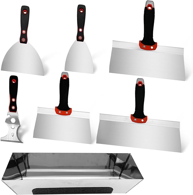 Drywall Hand Tool Kit, 7 Pcs Stainless Steel Drywall Knife Set with Soft Handle, Includes Putty Knife, Taping Knife, Painter Scraper Tool & 13" Mud Pan for Joint Taping, Finishing, Patching