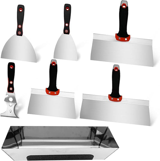 Drywall Hand Tool Kit, 7 Pcs Stainless Steel Drywall Knife Set with Soft Handle, Includes Putty Knife, Taping Knife, Painter Scraper Tool & 13" Mud Pan for Joint Taping, Finishing, Patching