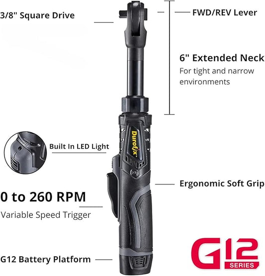 Durofix RW1216-3P G12 Series 12V Li-ion Cordless 3/8” 60 ft-lbs. Extended Ratchet Wrench Tool Kit with 1 Batteries and Canvas Bag