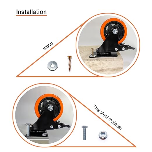4" Caster Wheels, Casters Set of 4 Heavy Duty - Orange Polyurethane Castors, Top Plate Swivel Wheels, 4-Pack Industrial Casters with Brake, Locking Caster for Furniture and Workbench