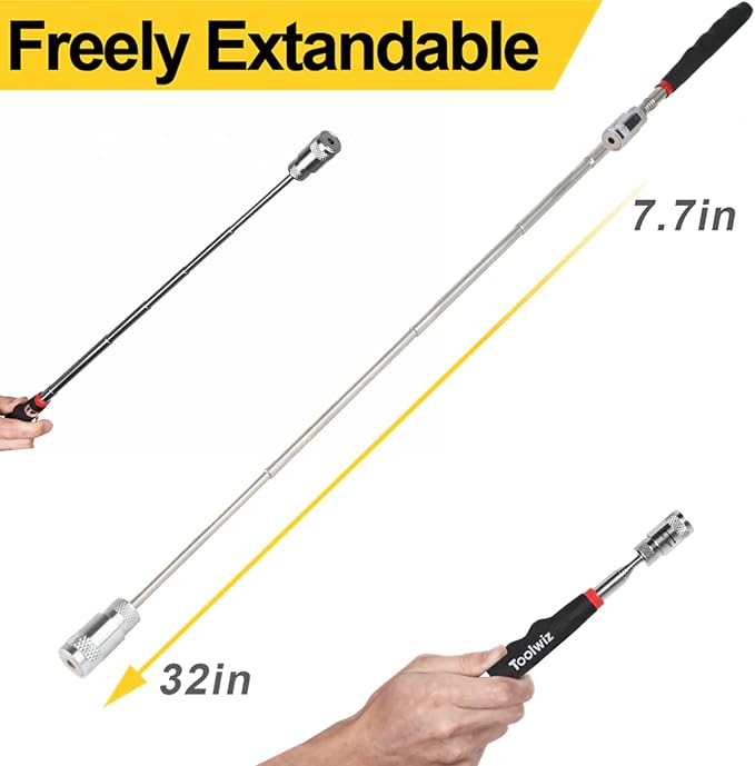 Toolwiz Magnetic Telescoping Pickup Tool 8 Lb, Portable Extendable Magnet Pickup Tool 7.7-32 Inch/19-80 Cm Extendable Retrieving Tool with Led Light, 8 Lbs Lifting Capacity Magnet Pickup Tool