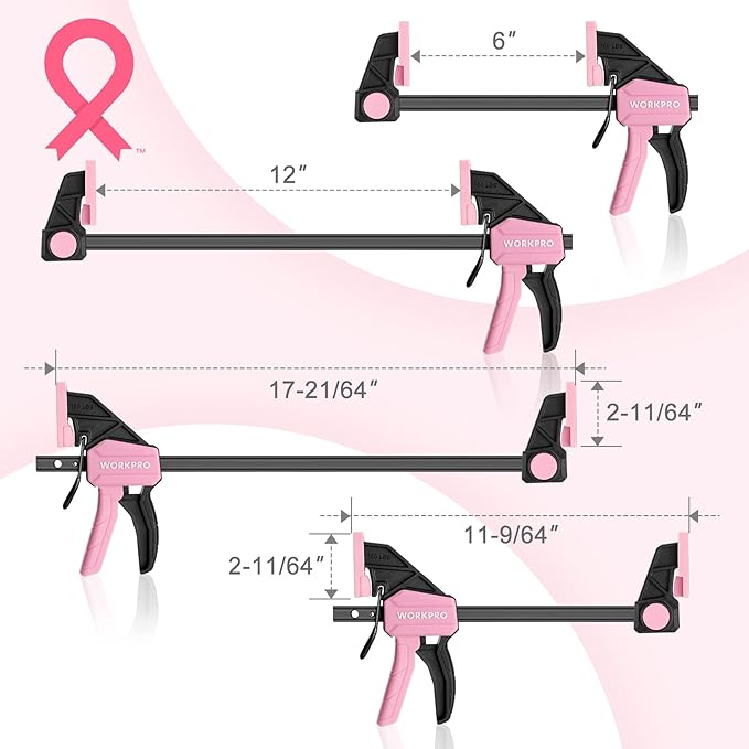WORKPRO Bar Clamps for Woodworking, 6-Pack One-Handed Clamp/Spreader, 4PC 6" and 2PC 12" Wood Clamp Set, Light-Duty Quick-Change F Clamps with 150 lbs Load Limit, Pink Ribbon