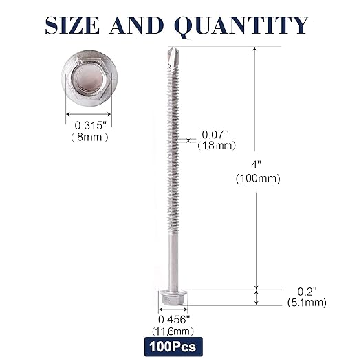 #12 x 4 Sheet Metal Screws 100PCS 410 Stainless Steel Hex Washer Head Fast Self Tapping Screws by SG TZH