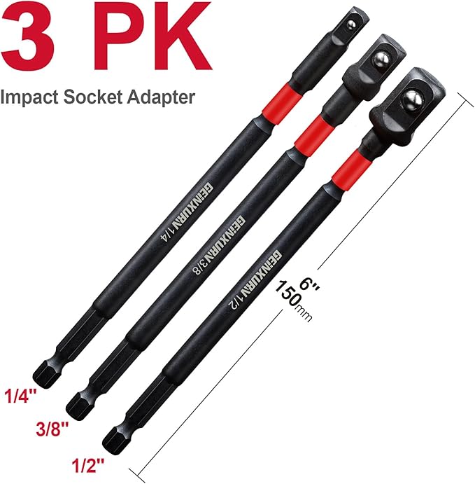 3Pcs Impact Socket Adapter Set,1/4" 3/8" and 1/2" Drive, 6Inches Extension Bit with Holder, Adapt Your Power Drill to High Torque Impact Wrench