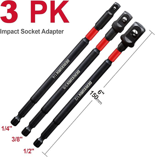 3Pcs Impact Socket Adapter Set,1/4" 3/8" and 1/2" Drive, 6Inches Extension Bit with Holder, Adapt Your Power Drill to High Torque Impact Wrench