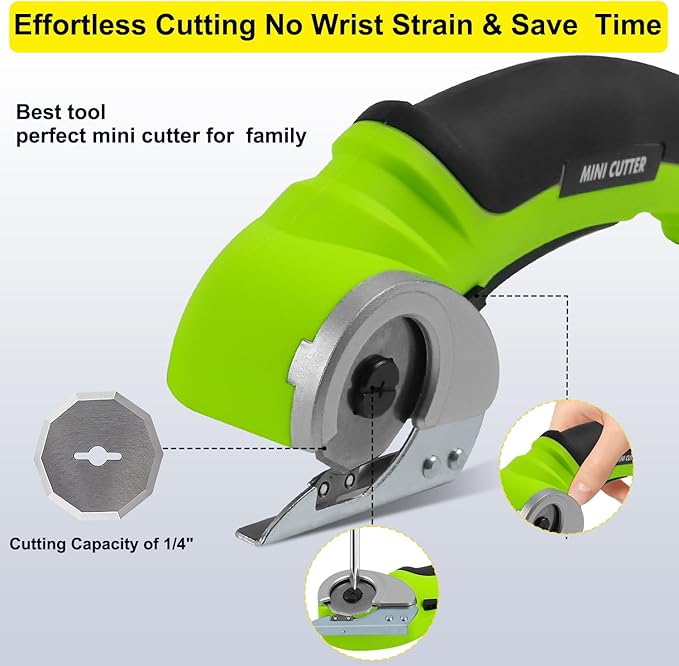 4V Cordless Electric Scissors Carpet Cutter Tool with Rechargeable & Safety Lock, Rotary Blade for Recycling Cutting Leather, Blanket, Gifts for Men Adult Crafter,Lightweight-Green