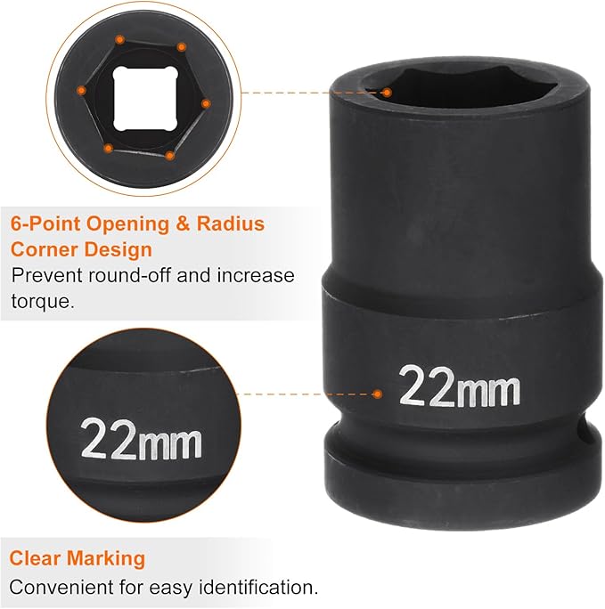 HARFINGTON 6-Point Impact Socket 3/4" Drive 22mm Metric 40Cr Alloy Steel Spindle Axle Nut Impact Socket