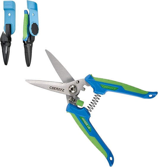 8" Scissors All Purpose, Heavy Duty, Multipurpose, for DIY Projects, Office, Production Lines, Pruning, with Protective Sheath and Magnetic Holder (Blue/Green)