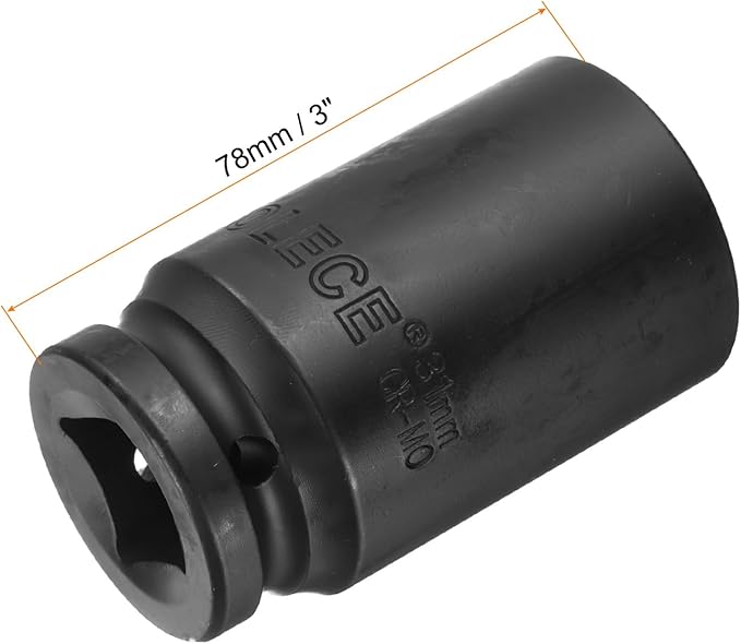 uxcell 3/4-Inch Drive 31mm 6-Point Deep Impact Socket, CR-MO Steel 78mm Length, Metric Sizes