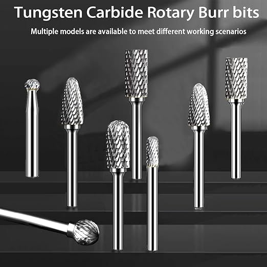 Carbide Burr Set 1/4'' Shank Die Grinder Bits Double Cut Solid Tungsten Carbide Rotary Files Bits for Die Grinder Metal Carving Polishing Drilling Milling Cutting (8pcs)
