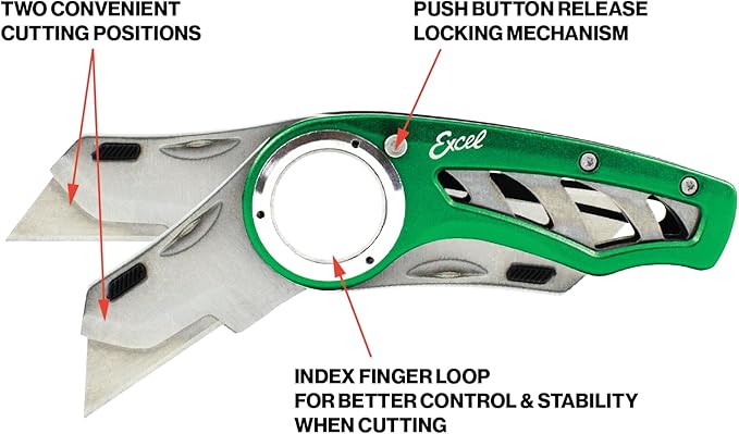 Excel Blades Revo Folding Utility Knife ??Heavy-Duty Box Cutter with Aluminum Body, Quick-Change #92 Blades, 3 Lock Positions Design, Anti-Slip Finger Loop Grip, Holster Included ??Green