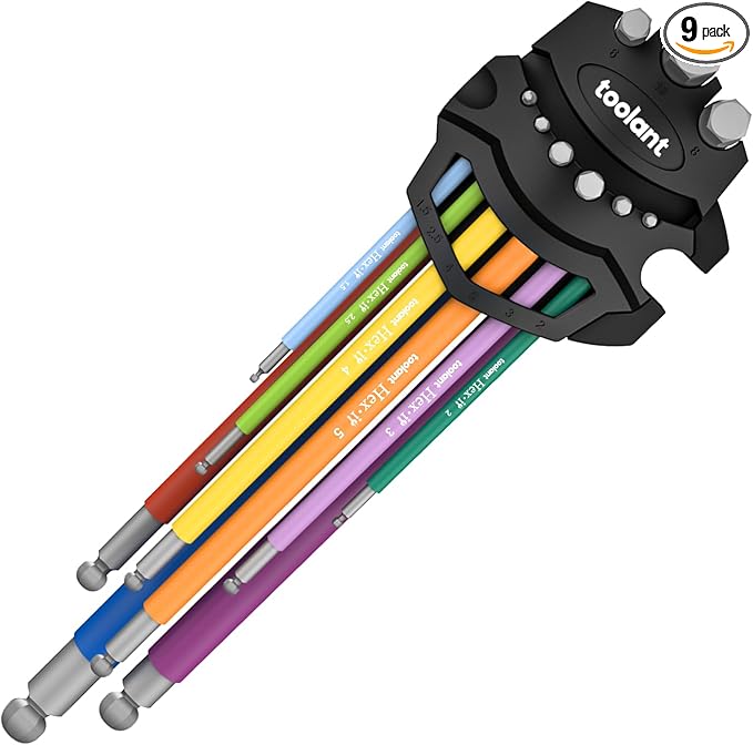 Metric Allen Wrenches Sets 9pcs, Extra Long Arm Allen Key Set with Ball End, Crafted Hex Key Set with Color Coded Sleeves, Unique Patented Holder Design for Magnetizing and Demagnetizing